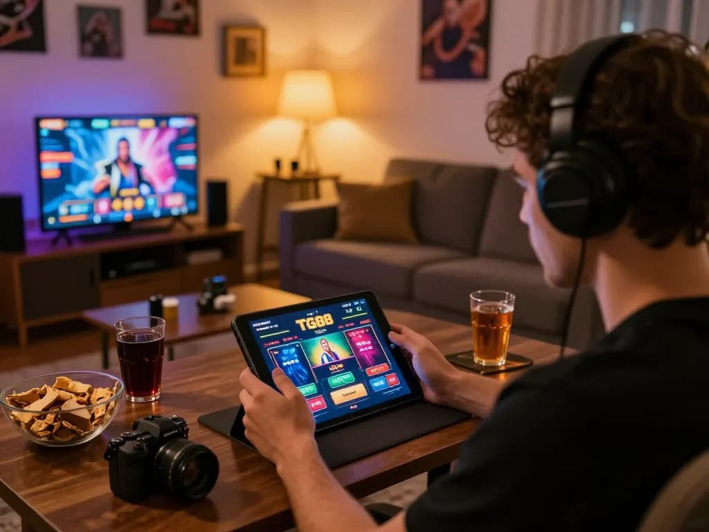 Player engaging with the TG88 casino app on a tablet, surrounded by cozy ambiance and gaming essentials