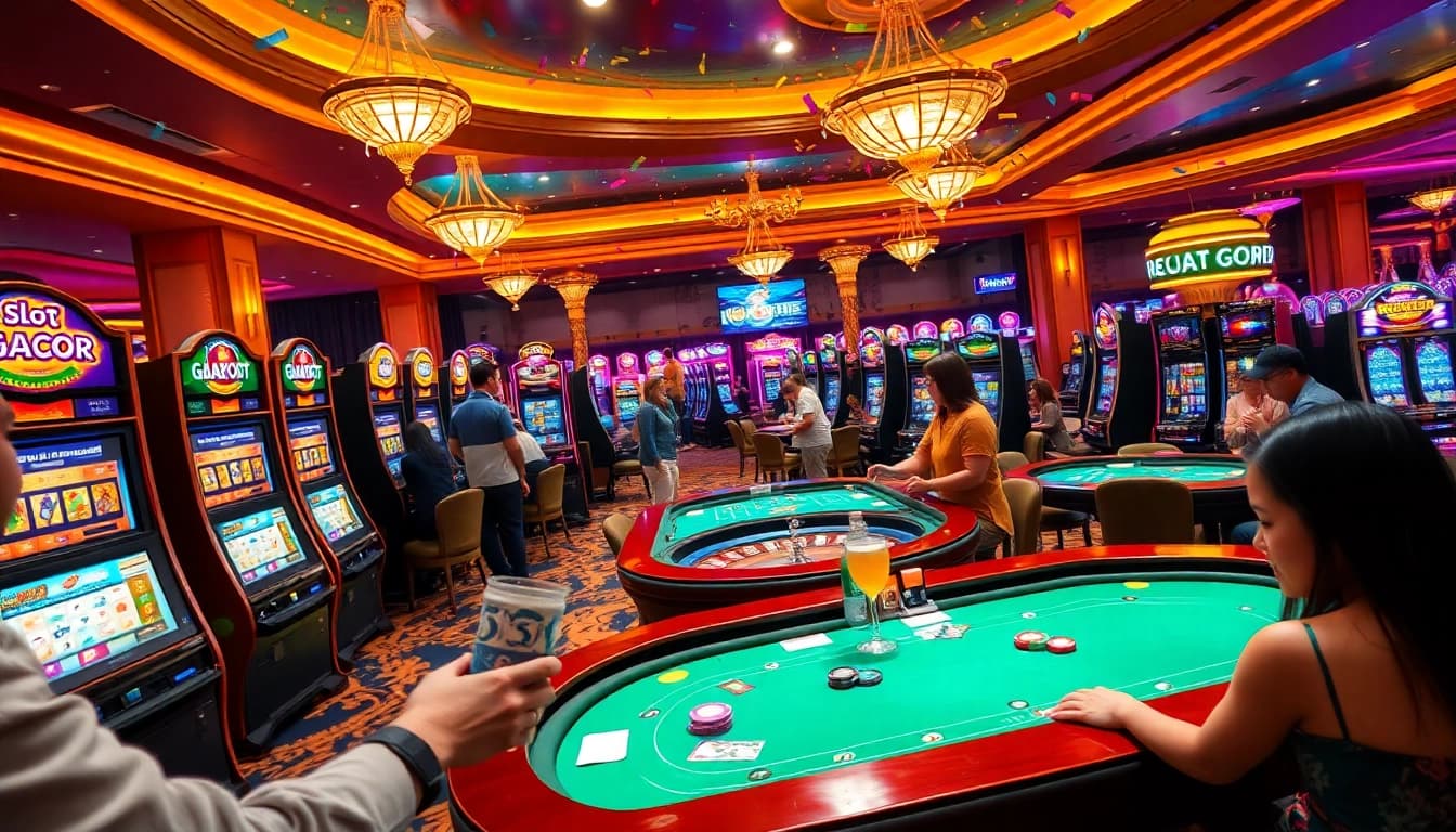 Pemandangan kasino yang menarik menampilkan mesin slot gacor yang cerah dengan pemain ceria merayakan kemenangan mereka.