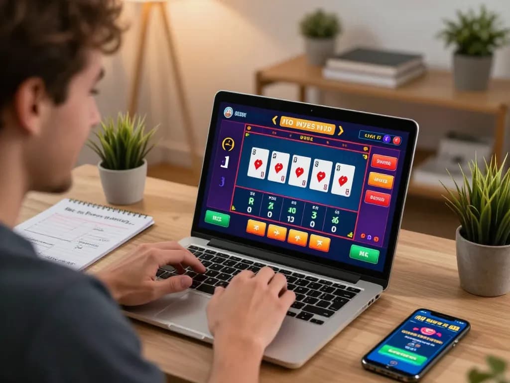 winstrike69 player interacting with live dealer game on laptop in modern home office