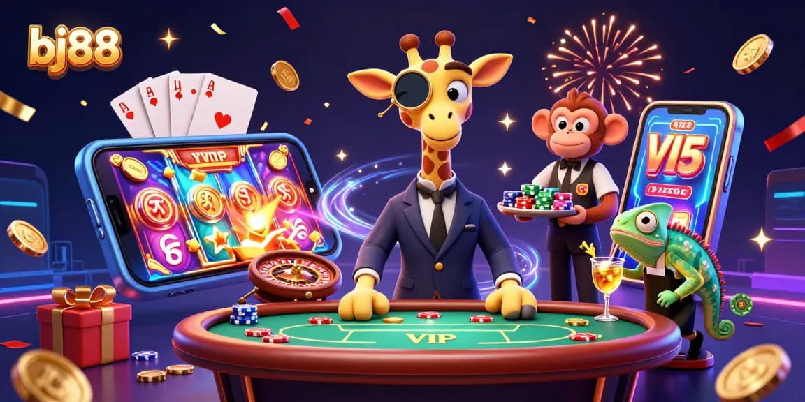 Engage with the thrilling atmosphere of bj88 casino featuring a high-roller giraffe and vibrant gaming elements