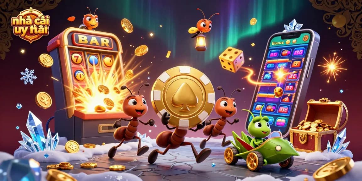 A dynamic illustration featuring a team of ants carrying a massive poker chip, representing nhà cái uy tín in a colorful casino scene.
