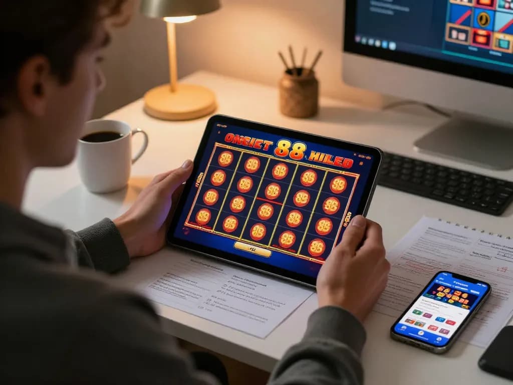 Engaged player enjoying a thrilling slot88 game experience on a tablet with cozy home ambiance.