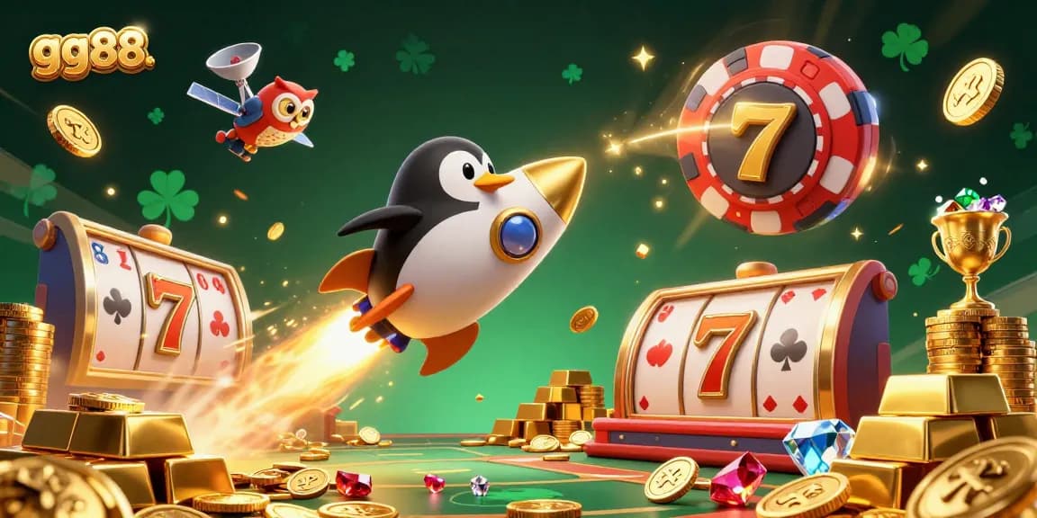 Engage with gg88's vibrant casino adventure featuring a rocket-powered penguin soaring towards rewards.