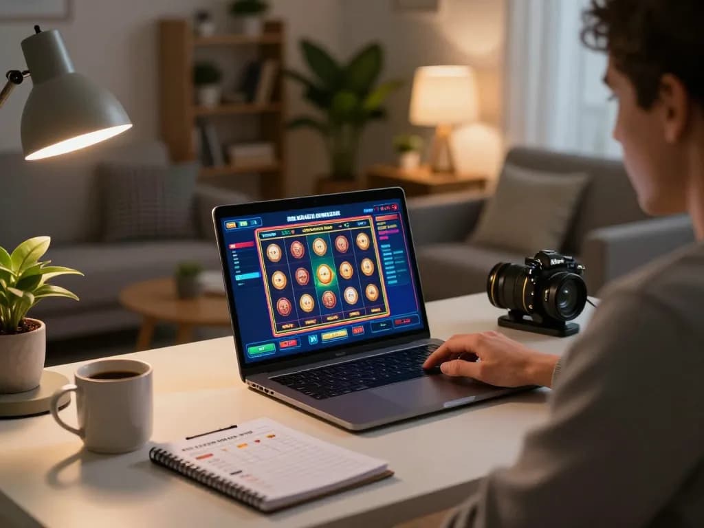 Engaging in online usa casinos from a cozy home setup, showcasing a laptop with vibrant slot game graphics.