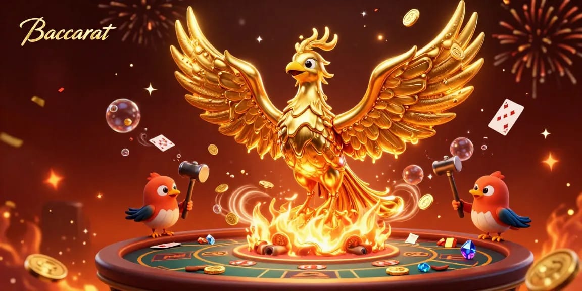 Baccarat table illustration with a golden phoenix made of molten metal, vibrant casino elements, and festive confetti.