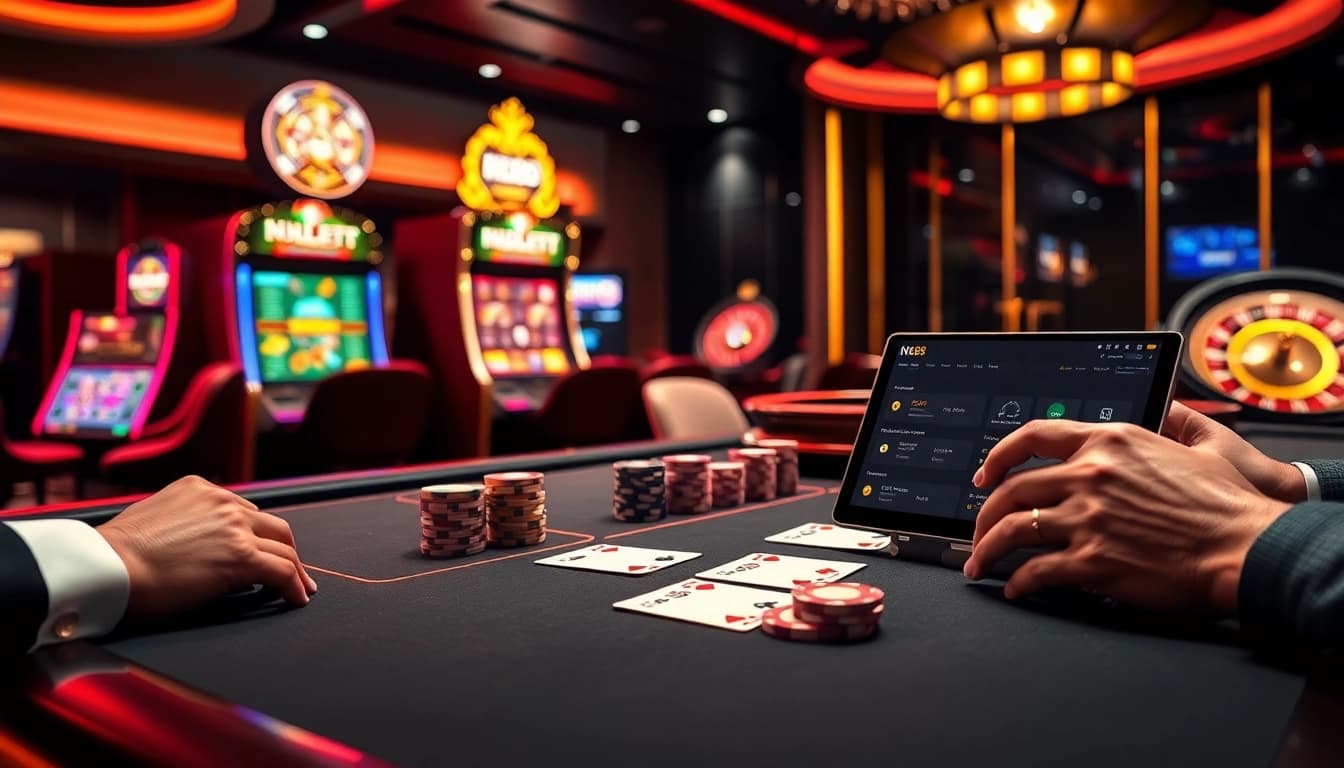 Nk88 casino table displaying strategic poker chips and cards engaging professional gamblers