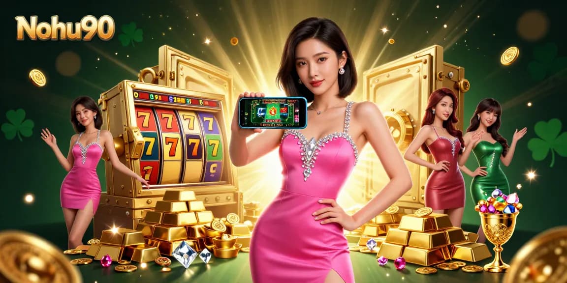 Nohu90 showcases an Asian woman engaging with a live dealer game, surrounded by dynamic slot elements and gold treasures, embodying online casino excitement.
