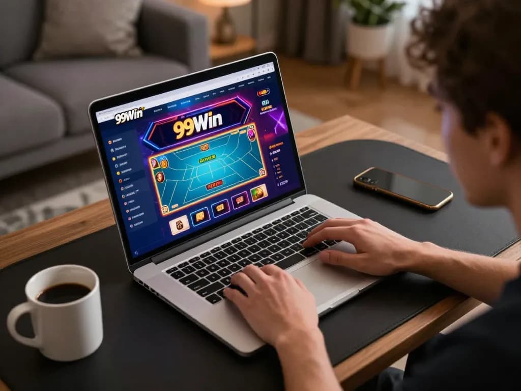 Engaged user exploring 99Win's interactive online casino platform in a cozy home environment.