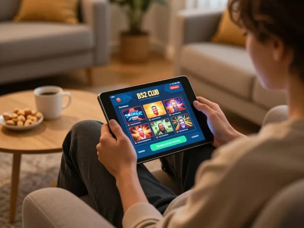 Engaging in online gaming with B52 Club app on tablet, showcasing a cozy and strategic gambling environment.