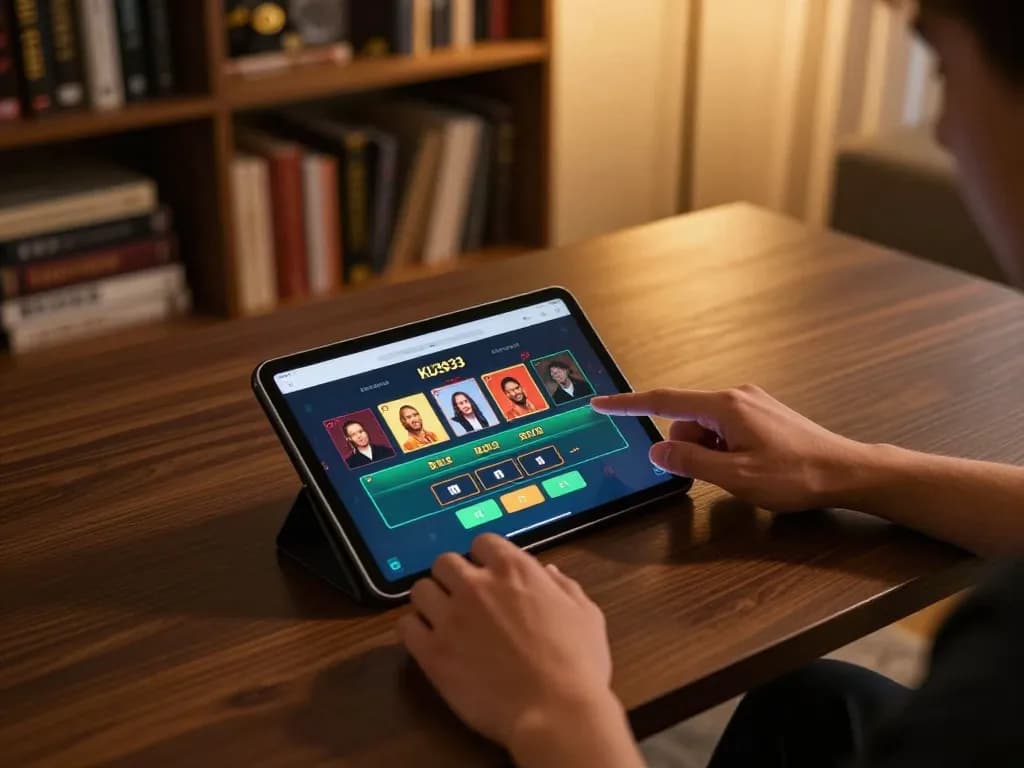 Engaged user interacting with KU3933 app on tablet in a cozy home office environment