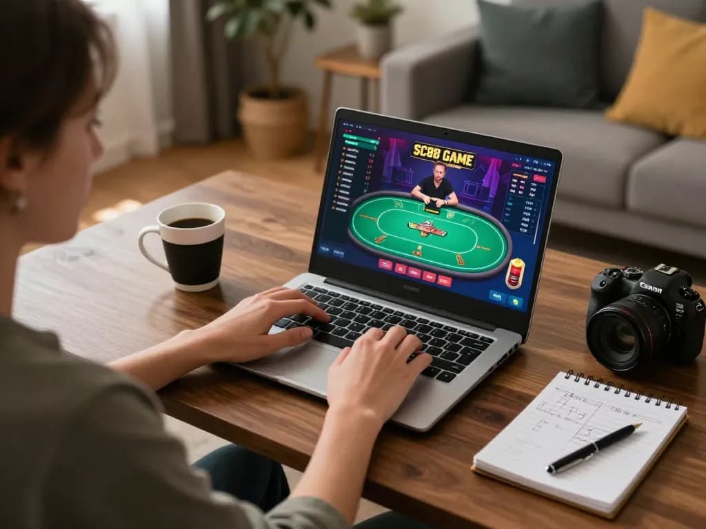 Engaging in the SC88 Game through an online poker interface on a cozy home setup.