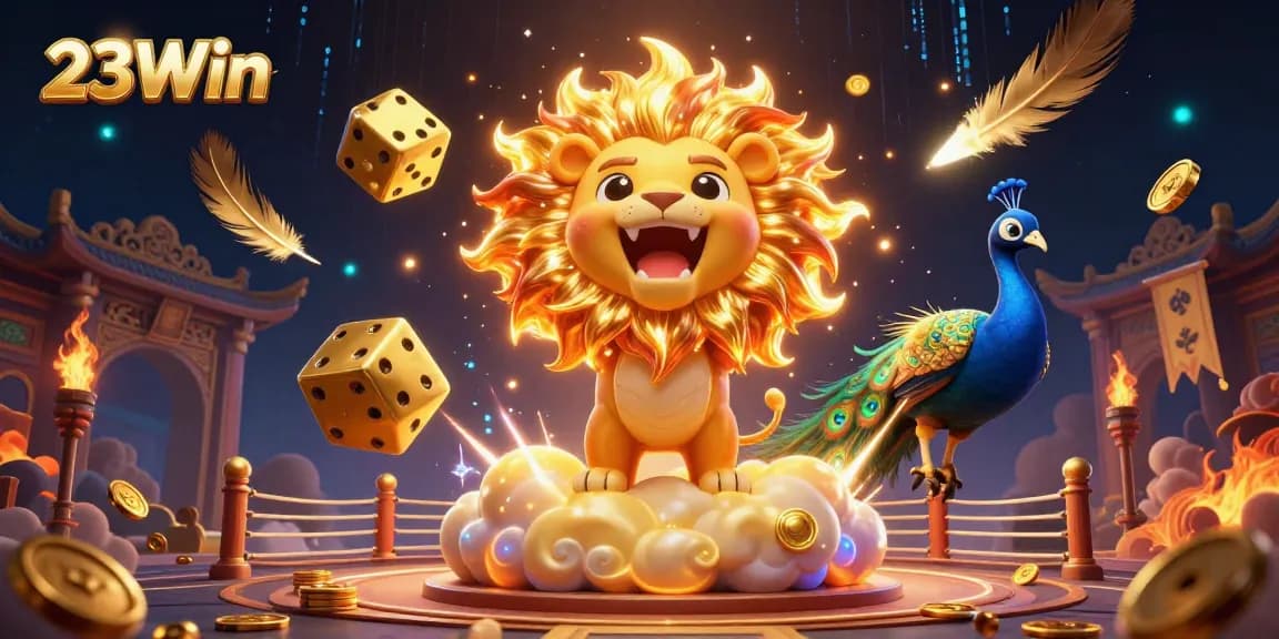 Experience the thrill of 23Win with a dynamic 3D casino scene featuring vibrant characters and gambling elements.