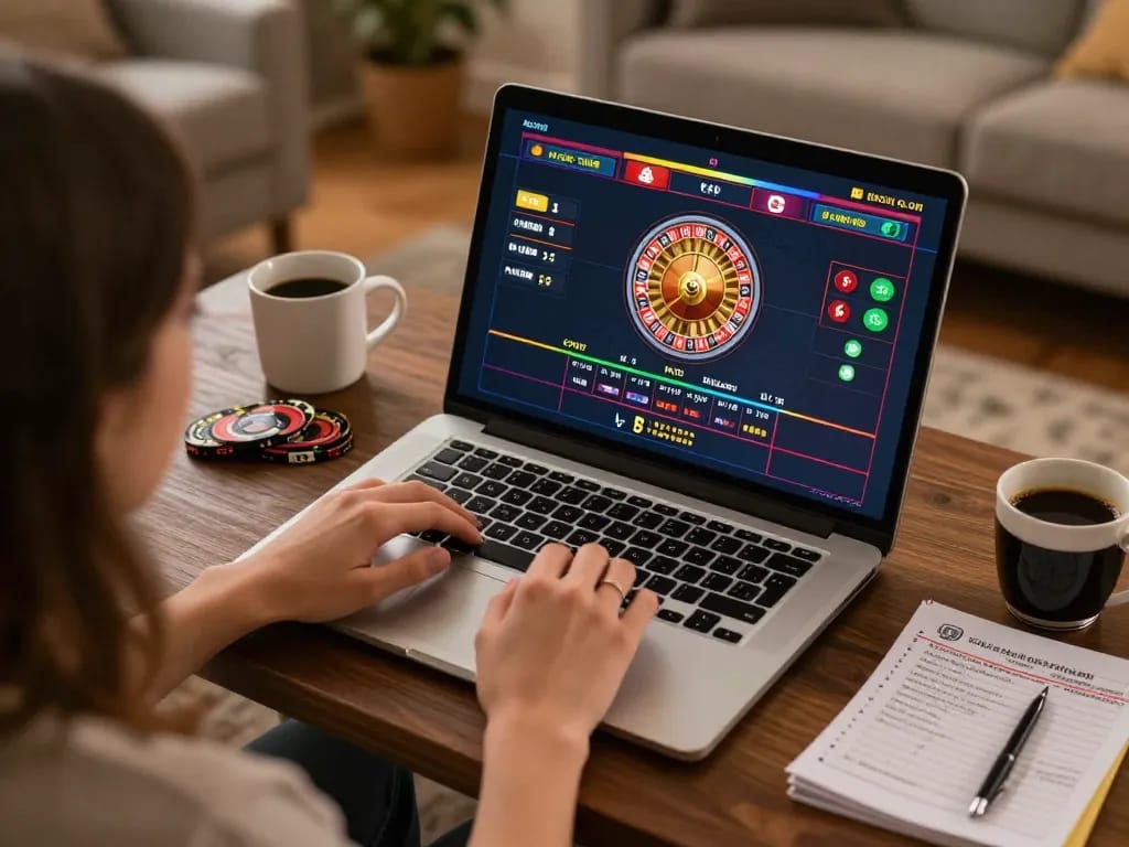 Engaged player enjoying online casino experience at Jun88 with live dealer roulette on laptop