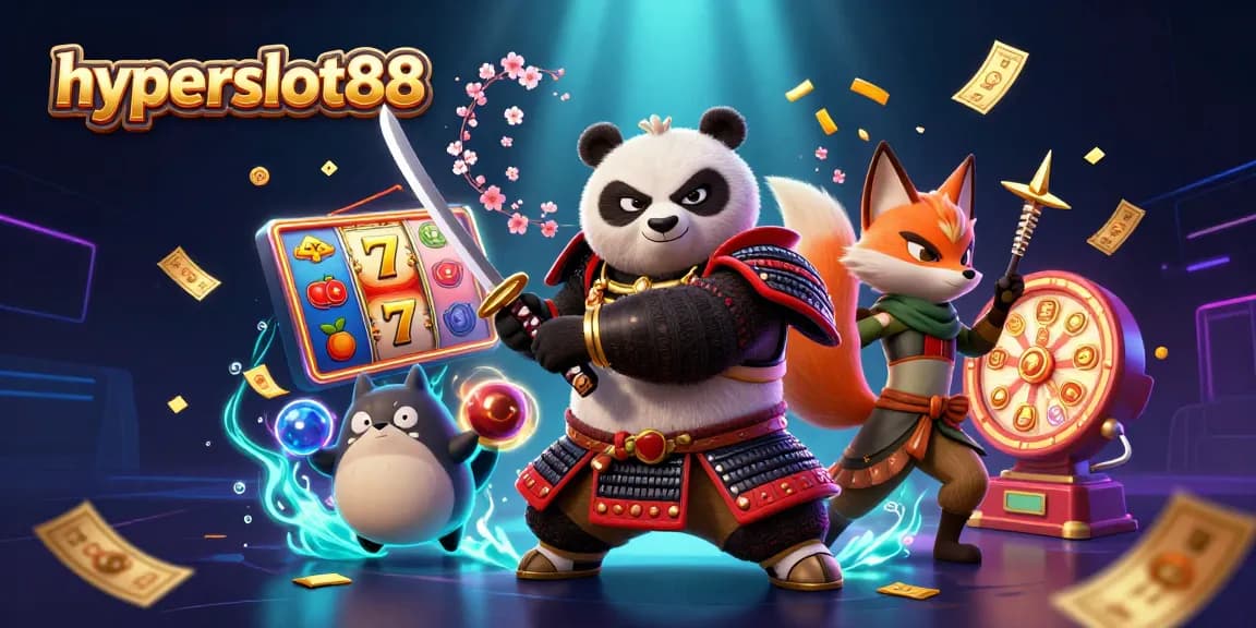Experience excitement with hyperslot88 slots showcased by a playful samurai panda and ninja fox