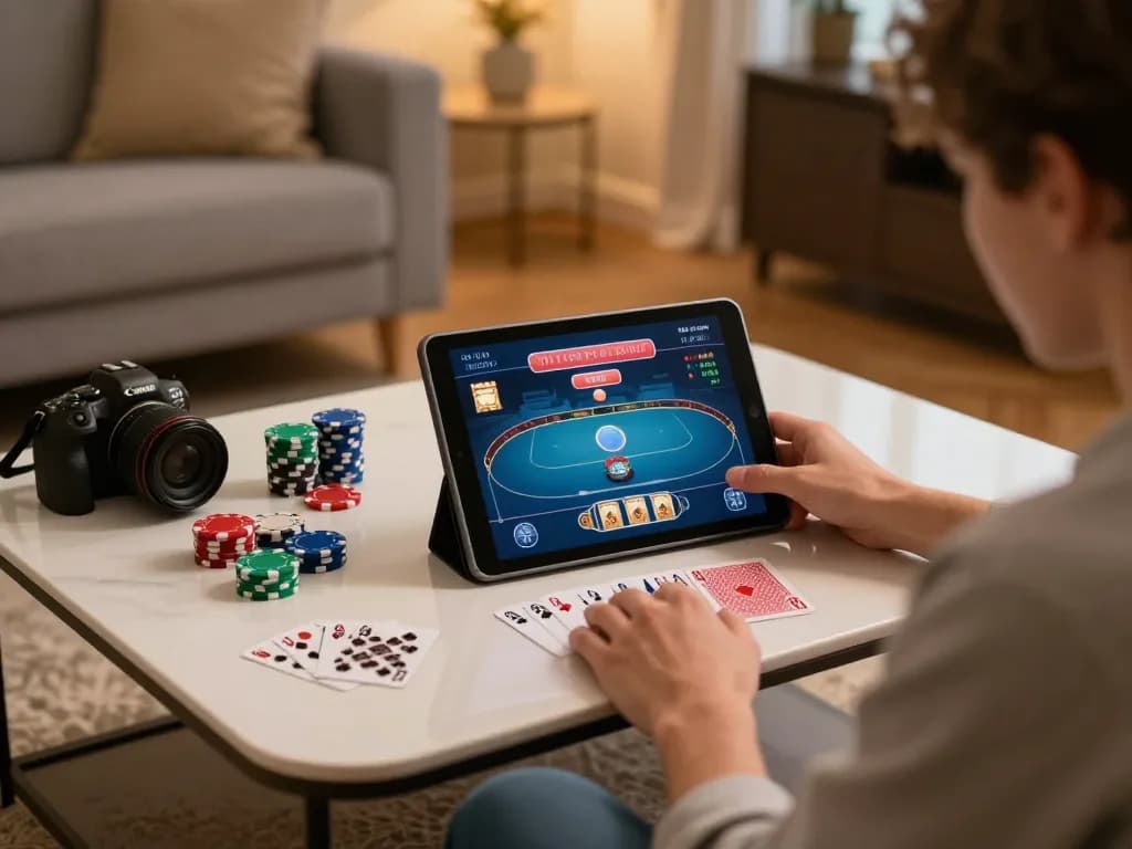 pokerseri player engaging in online poker game with vibrant cards and chips on a tablet.