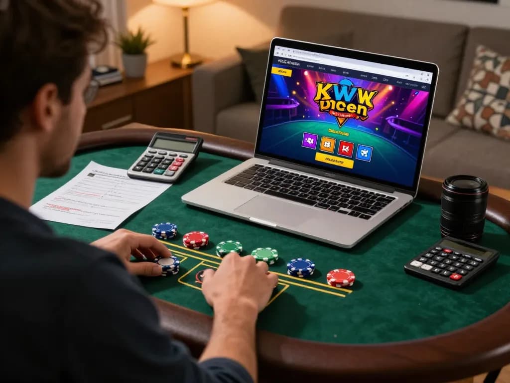 Player navigating live dealer blackjack at kk win.com from a cozy home office.