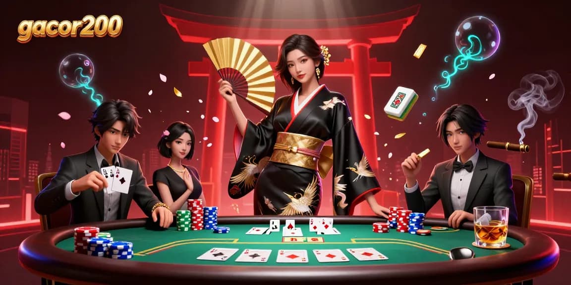Experience an exciting showdown at gacor200 with poker chips, a glamorous dealer, and festive mahjong tiles.