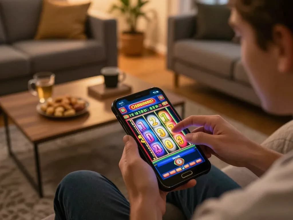 Neng4D slot game display on a smartphone, showcasing exciting spins in a cozy home setting.