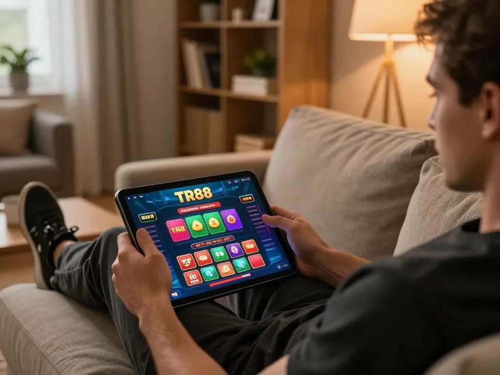 Engaging gameplay on the TR88 app showcased in a stylish home setup, emphasizing online gambling.
