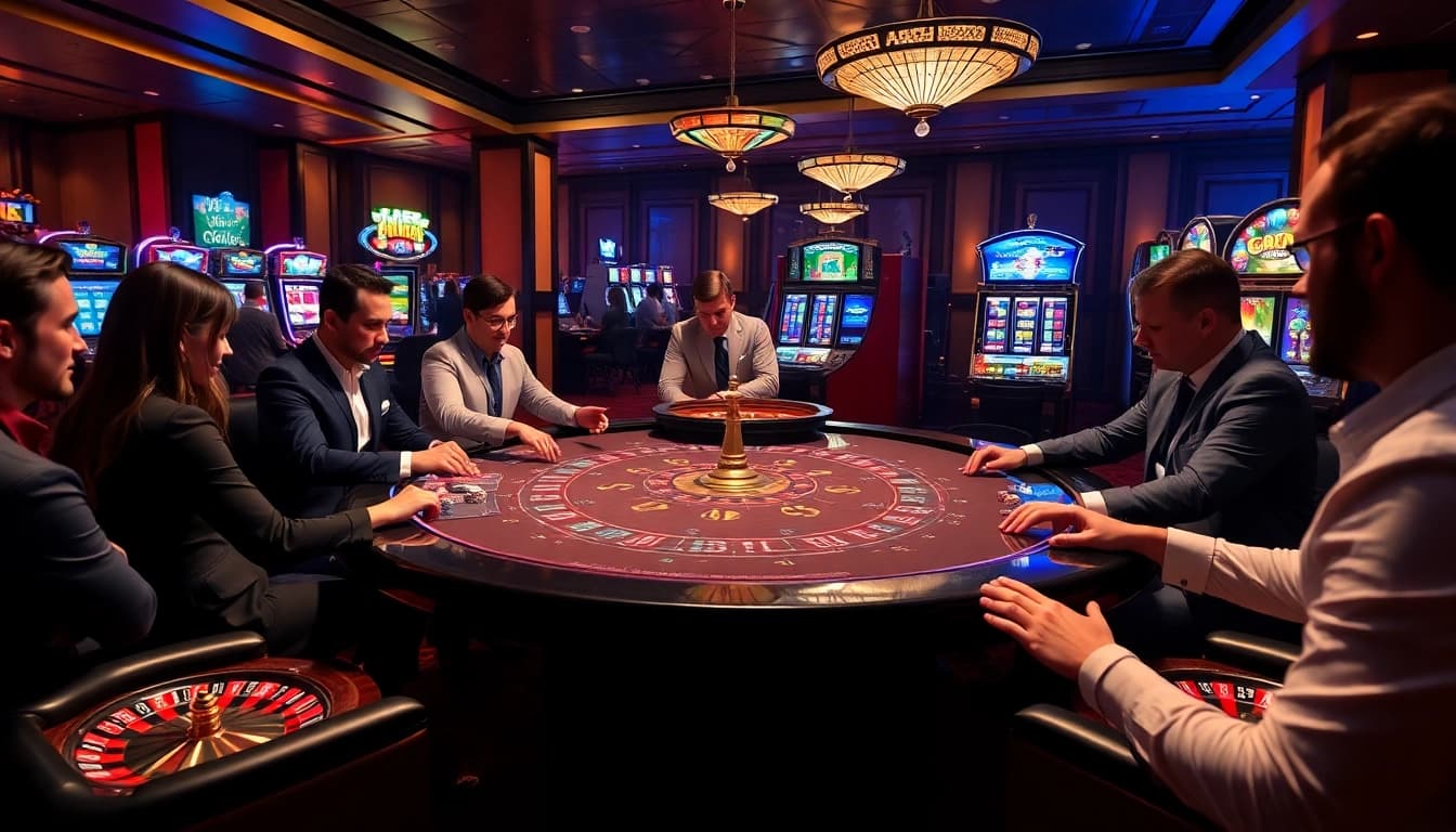 Players enjoying high-stakes betting at the MK8 casino table amidst vibrant gaming elements.