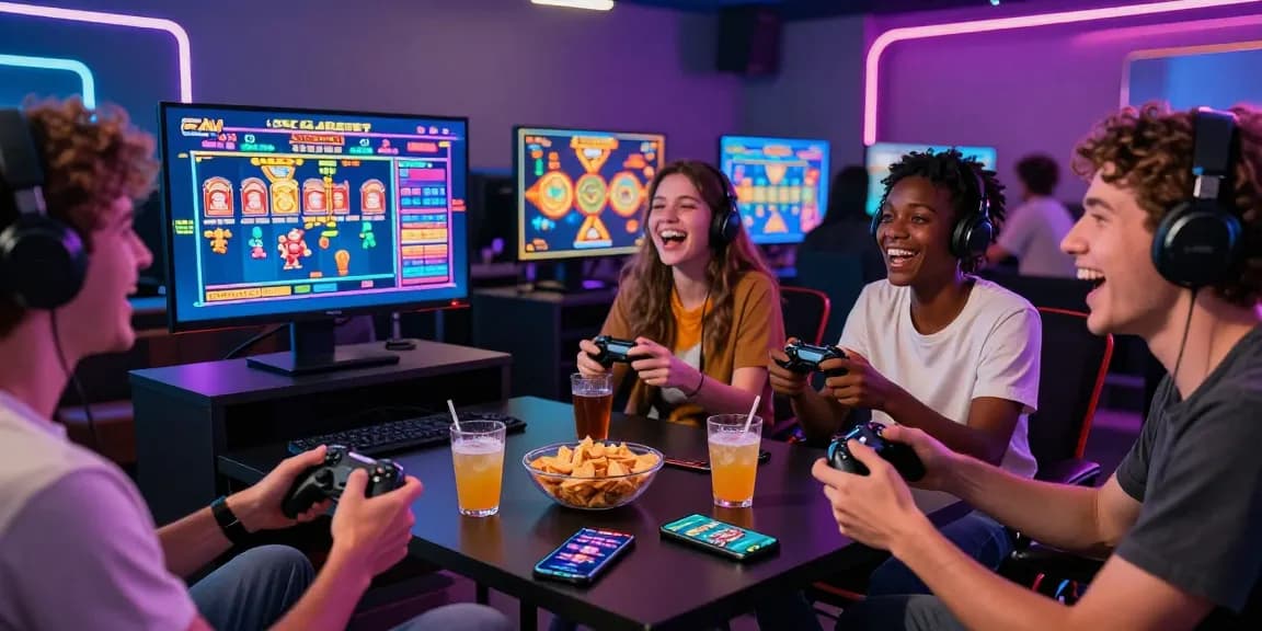 Friends enjoying demo slot games together in a vibrant gaming lounge.