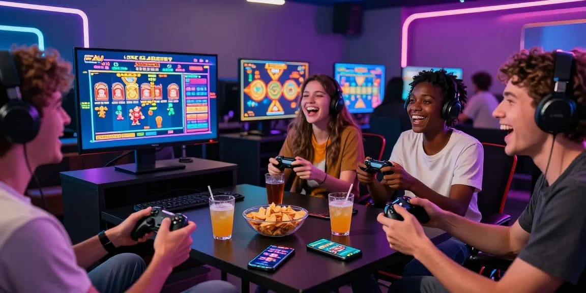 Friends enjoying demo slot games together in a vibrant gaming lounge.