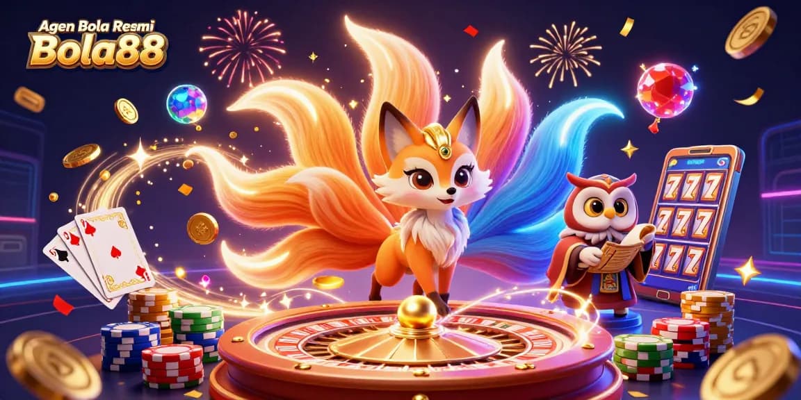 Engage with thrilling Agen Bola Resmi Bola88 action featuring a colorful nine-tailed fox and casino elements.