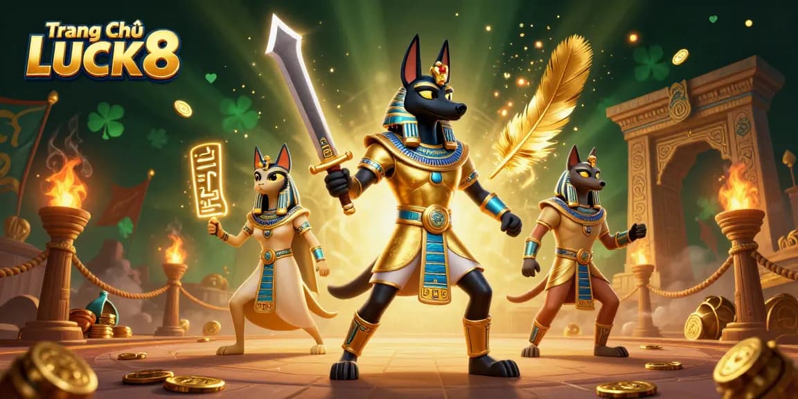 Experience the thrill of gaming at Trang Chủ LUCK8 with ancient Egyptian warriors, gold coins, and vibrant energy.