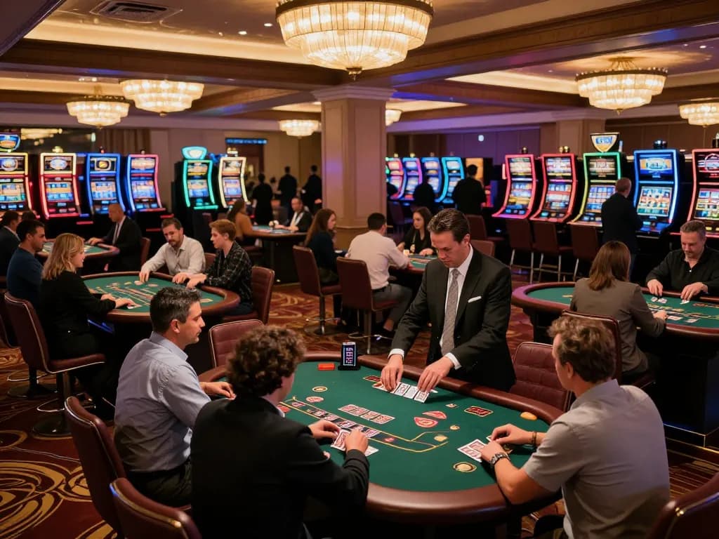 KJC gamers strategizing their next move during an exhilarating blackjack game in a luxurious casino.