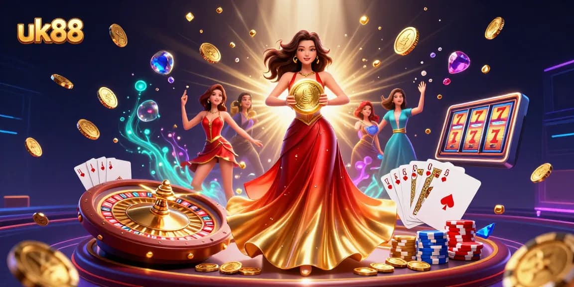 Experience thrilling gameplay with UK88 showcasing vibrant casino elements, winning with golden coins and excitement.
