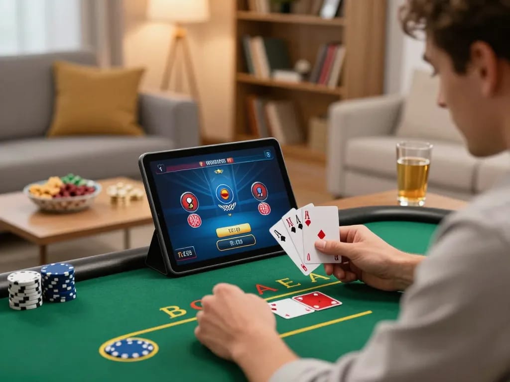 Nohu90 player enjoying online poker in a cozy living room setup with snacks, showing engaging gameplay.