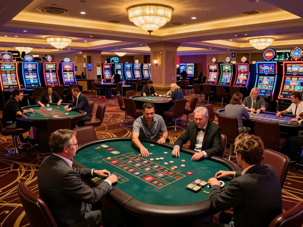 Players enjoying Luck8 games at a lively casino table, showcasing excitement and professional gameplay.
