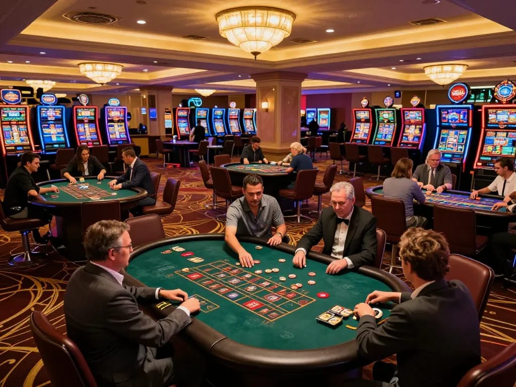 Players enjoying Luck8 games at a lively casino table, showcasing excitement and professional gameplay.