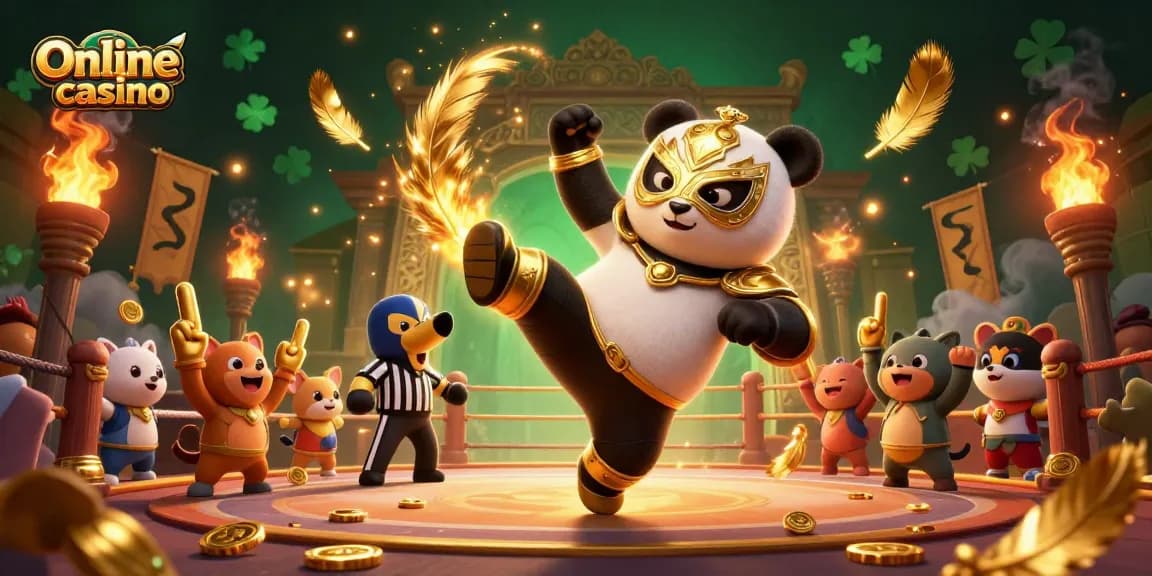 Experience thrilling action at an Online casino with a 3D panda wrestler and animal fans cheering.