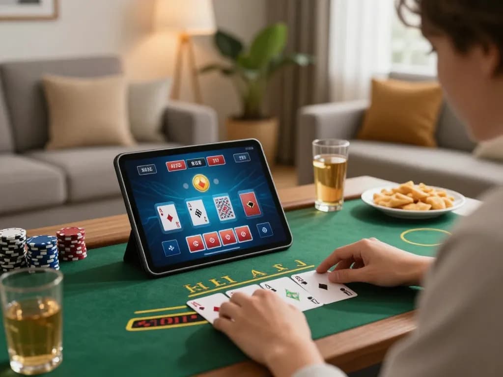 Person enjoying ligalgo online blackjack on tablet in cozy living room with snacks and warm lighting.