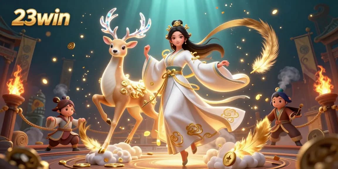Experience the thrill of 23win with a stunning casino scene showcasing a beautiful woman, golden coins, and enchanting elements.