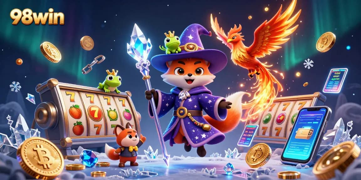 Experience the excitement of 98win with a dynamic 3D casino illustration showcasing vibrant games and characters.