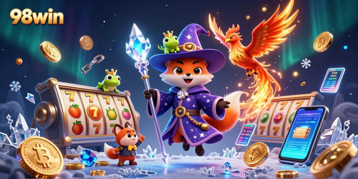 Experience the excitement of 98win with a dynamic 3D casino illustration showcasing vibrant games and characters.