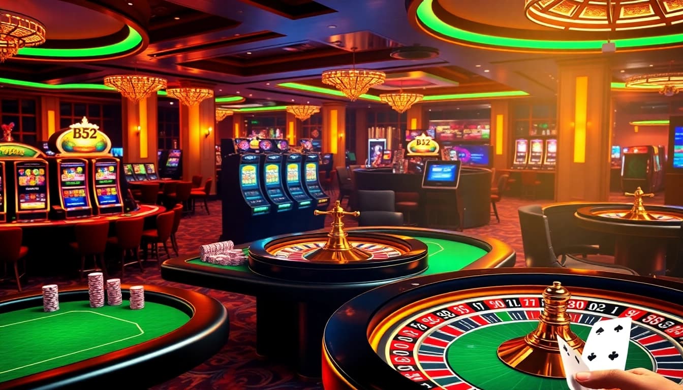 B52 casino visual featuring advanced gaming layouts with poker chips and a roulette wheel.