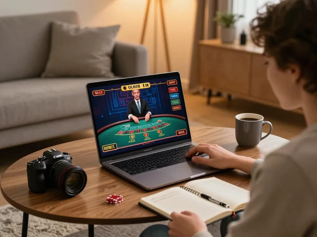 The person enjoying live dealer games at nhà cái 8xbet in a cozy home setting, demonstrating strategic online gambling.