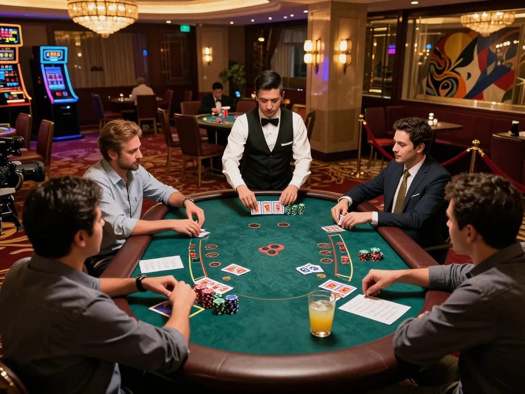 Players strategizing at a blackjack table in an upscale casino with pfly88 branded elements and vibrant lights.