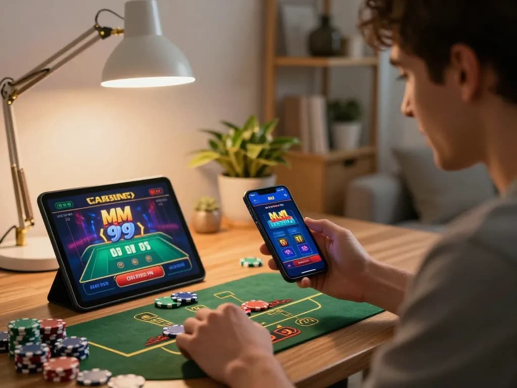 Engaging with the MM 99 casino app on smartphone during strategic gameplay at home.