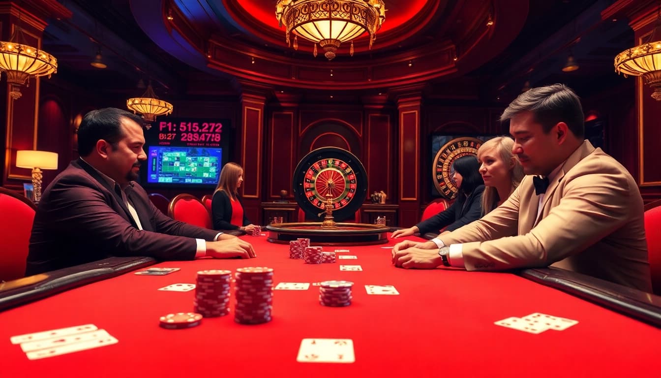 Players immersed in a thrilling poker game at B29 casino, showcasing vibrant chips and elegant decor.
