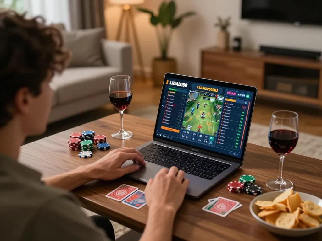 LIGA2000 betting strategy in action as player engages with online game on laptop