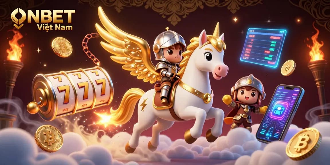 Experience the thrill of ONBET Việt Nam with vibrant slot reels and a celestial knight.