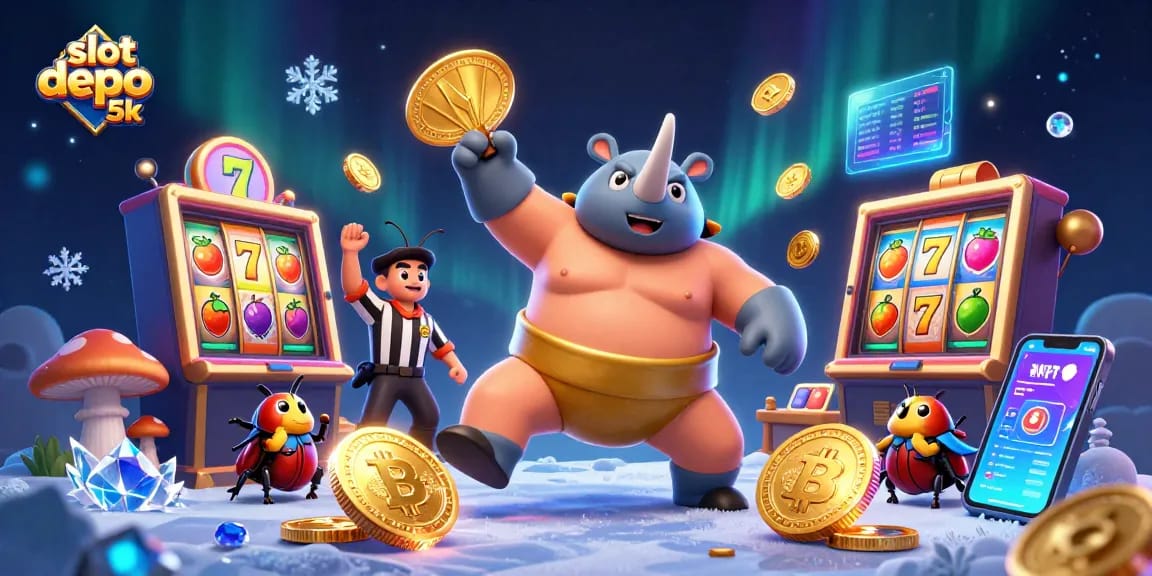 Engaging slot depo 5k illustration featuring a sumo beetle champion amidst dynamic slot reels and crypto coins.