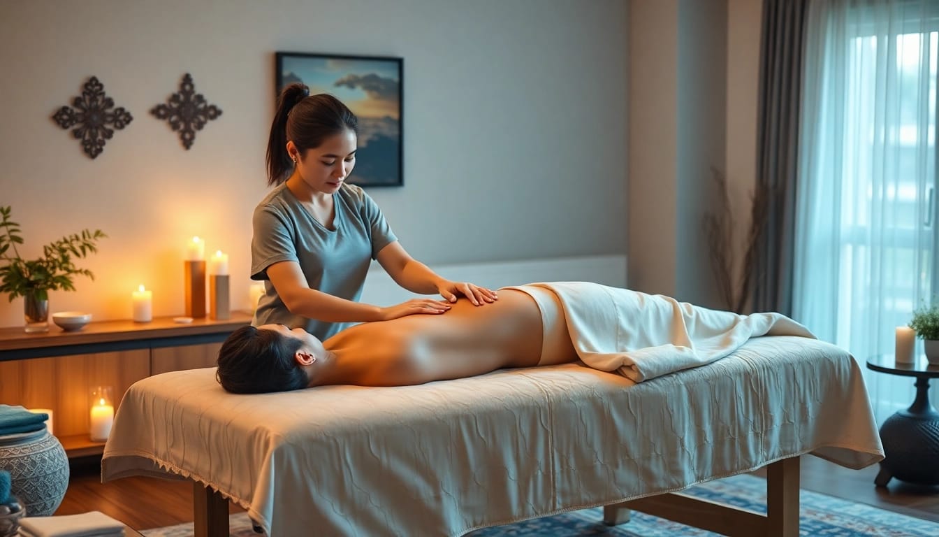 Relaxing scene of 수원출장마사지 at home with a professional therapist providing a soothing massage.