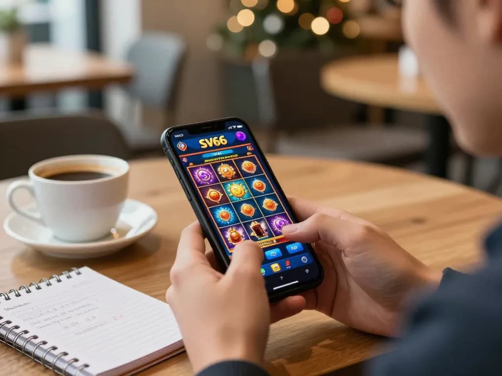 Player enjoying SV66 online gaming experience with mobile app in cozy café environment.