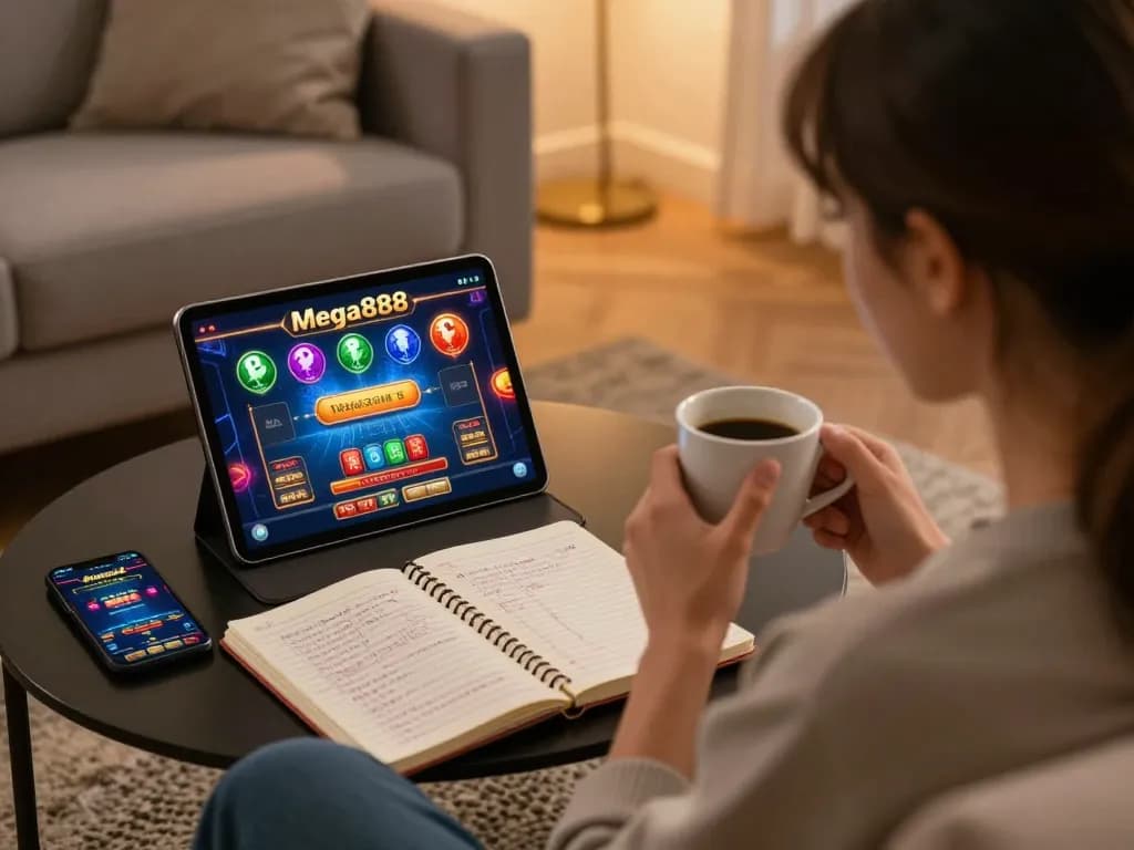 Engaging with Mega888 setup on a tablet while enjoying online gambling in a cozy living room.