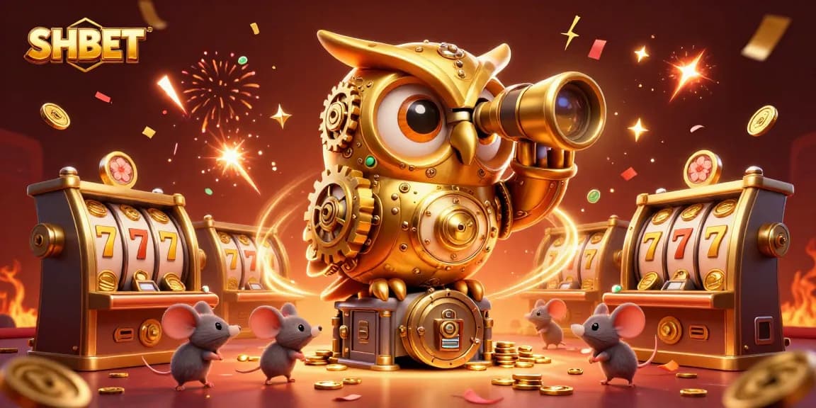 Experience thrilling gameplay at SHBET with a dynamic 3D scene featuring clockwork owl and rich casino elements.